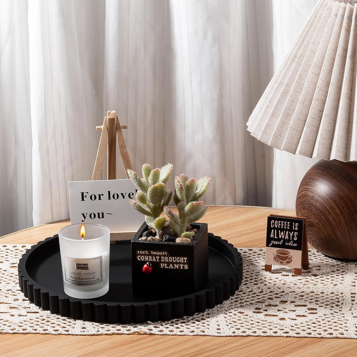 Round Bathroom Tray Perfume Organizer Coffee Table Decor, 9" Black