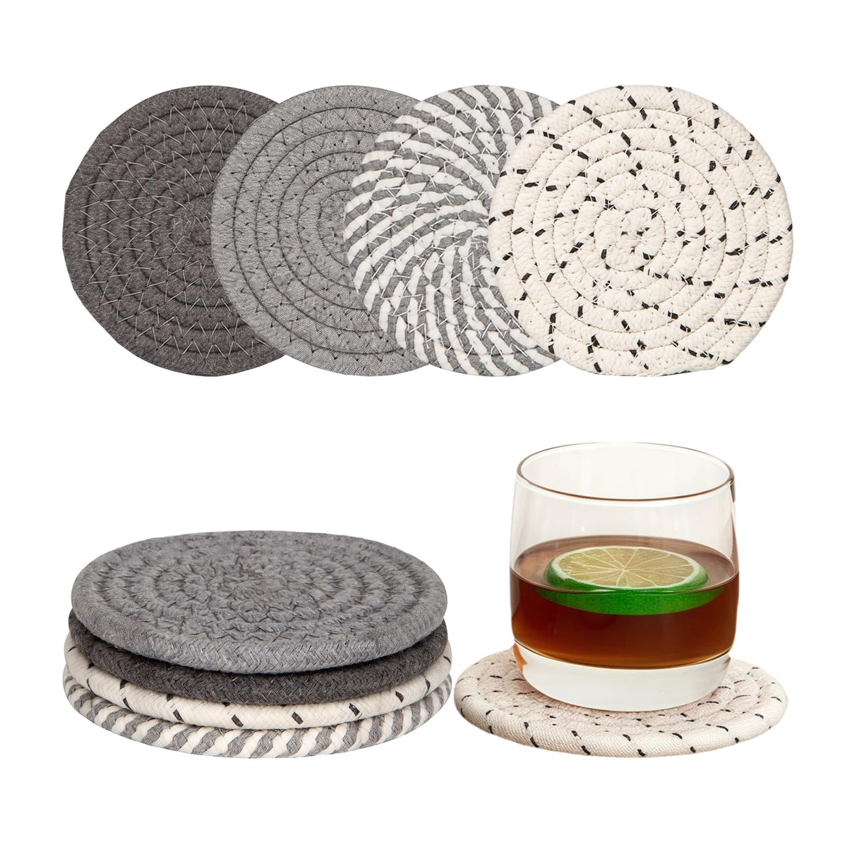 Desk Coasters Set of 4, Cute Coaster for Desk, Round Handmade Woven Coaster for Boho Home Decor, CupCoasters for Office Kitchen Dining Room Bar Farmhouse, Coasters Set for Drinks, Beer, Coffee