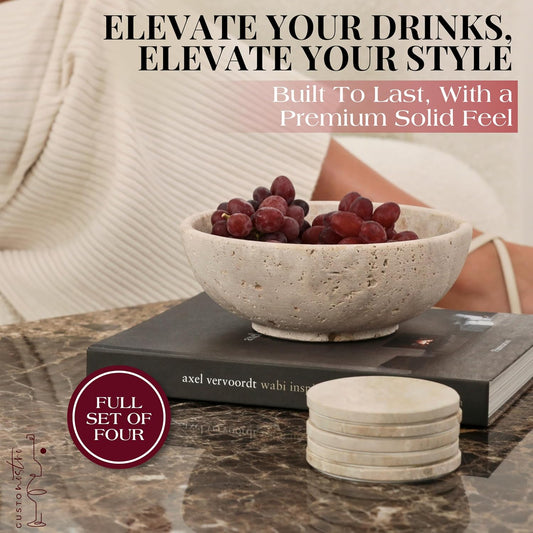 Gusto Nostro Travertine Coasters - Absorbent Stone Coasters Set of 4 - Aesthetic, Natural Stone Coaster for Drinks - Anti-Slip Round Artisanal Travertine Coaster for Kitchen Counter and Coffee Table