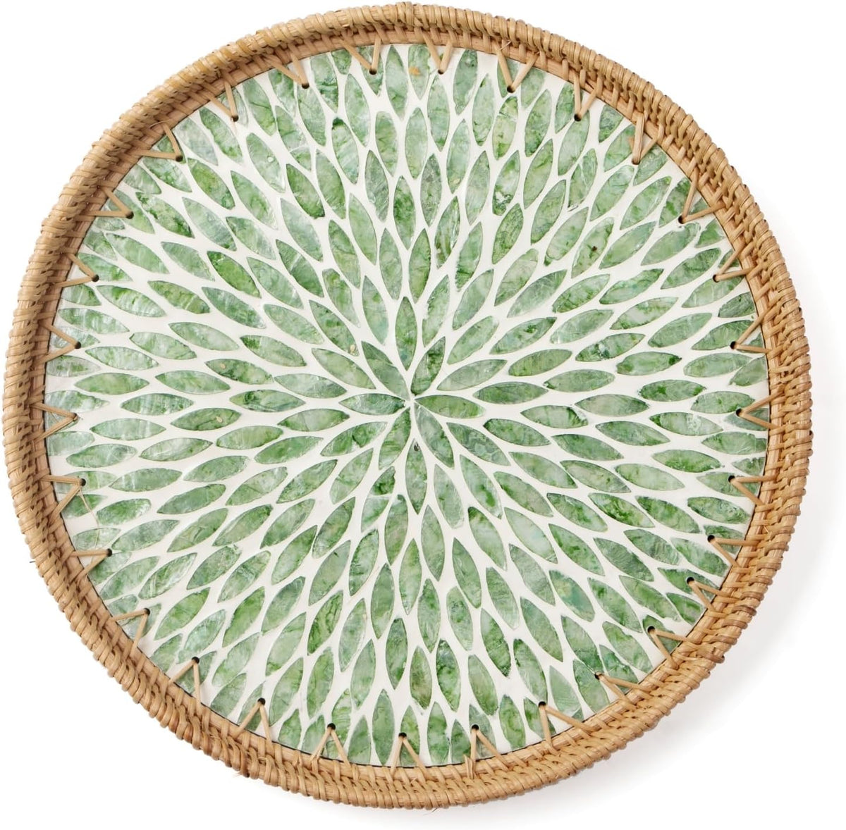 Round Rattan Tray with Mother of Pearl Inlay, Wooden Base