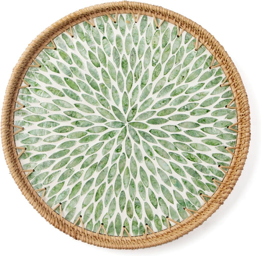 Round Rattan Tray with Mother of Pearl Inlay, Wooden Base