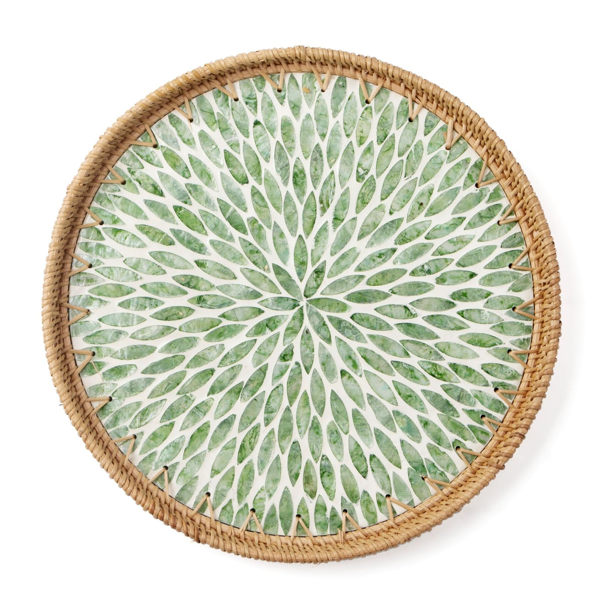 Round Rattan Tray with Mother of Pearl Inlay, Wooden Base