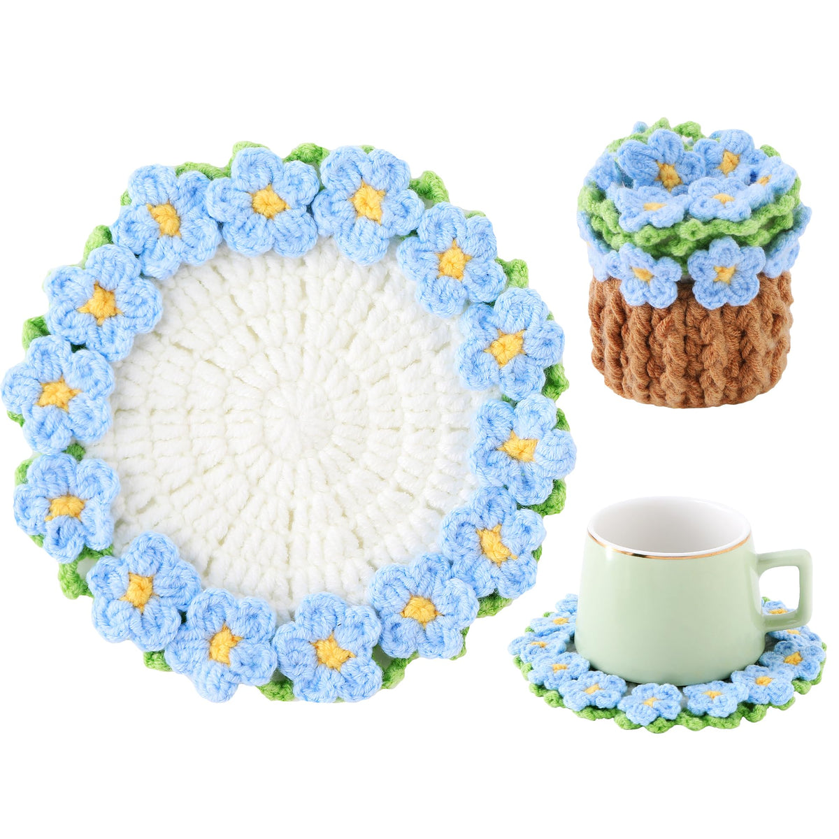 Crochet Flower Coasters, Handmade Bouquet Coasters with Crochet Plant Pot (Pink, 1Pc)