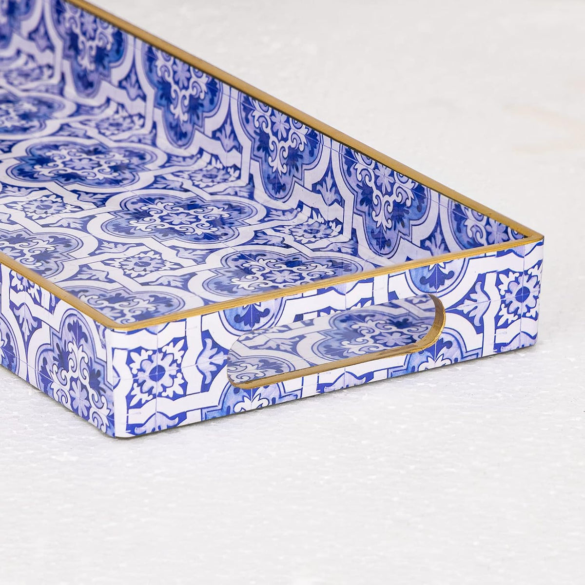 MAONAME Blue Decorative Tray with Handles, Rectangular Moroccan Narrow Tray