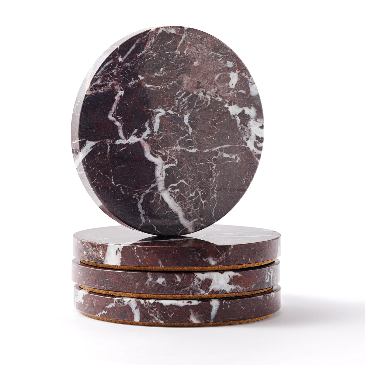 Natural Travertine Marble Coasters Set of 4-4" Round Stone Drink Coasters, Non-Slip Cork Backing, Housewarming Gift, Wedding, Protect Tables from Stains & Scratches (BD140)