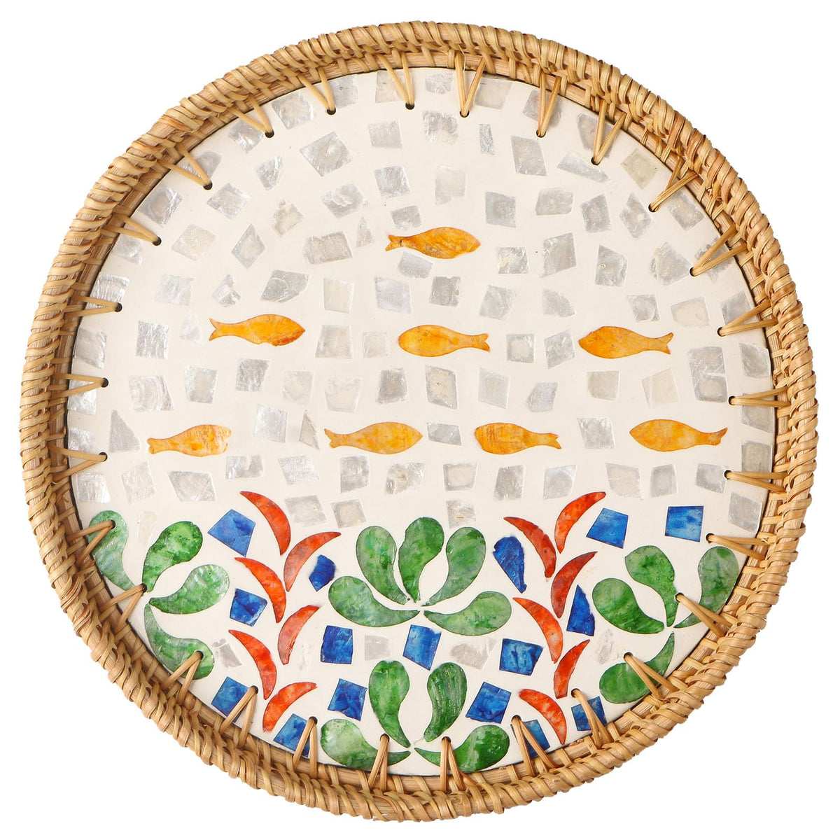 Round Rattan Tray with Mother of Pearl Inlay, Wooden Base
