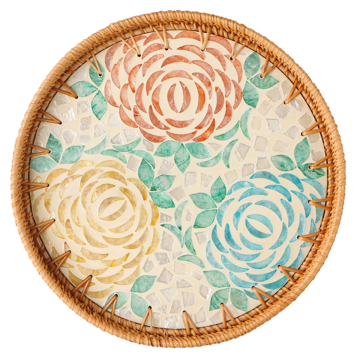 Round Rattan Tray with Mother of Pearl Inlay, Wooden Base