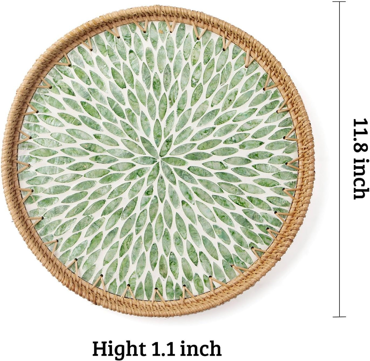 Round Rattan Tray with Mother of Pearl Inlay, Wooden Base