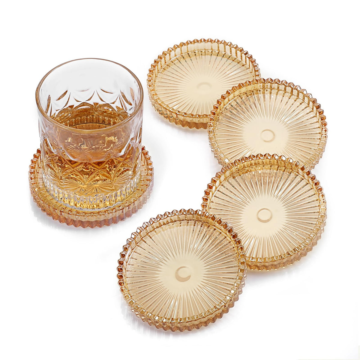 Modern Clear Coasters Set of 5- Glass Cute Coasters for Drinks, Amber