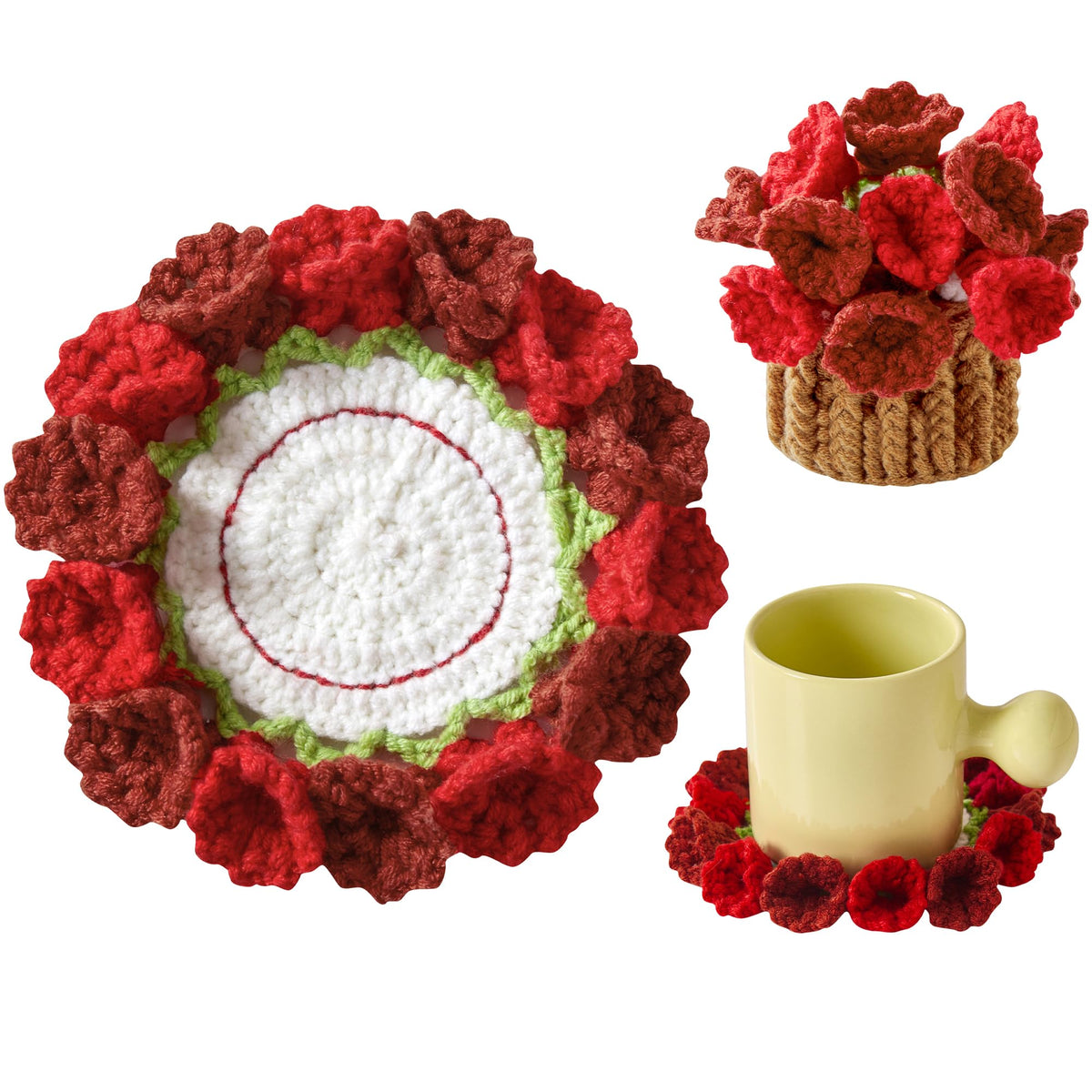 Crochet Flower Coasters, Handmade Bouquet Coasters with Crochet Plant Pot (Pink, 1Pc)