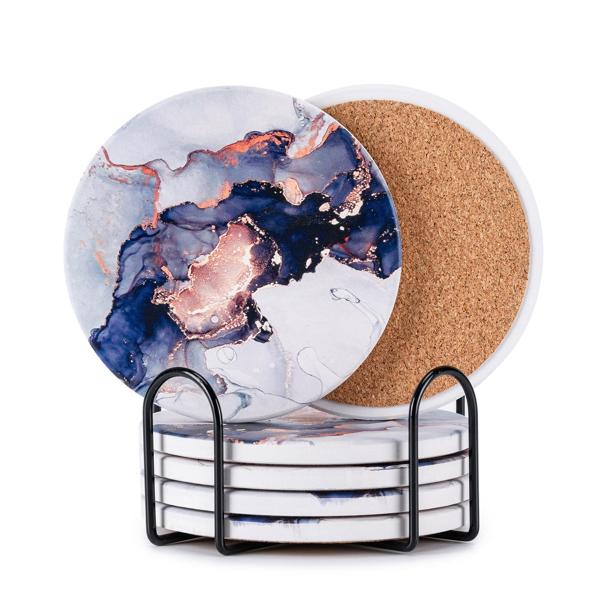 6Pcs Absorbent Coasters Set with Holder,Ceramic Drink Coaster,4 in（A1）