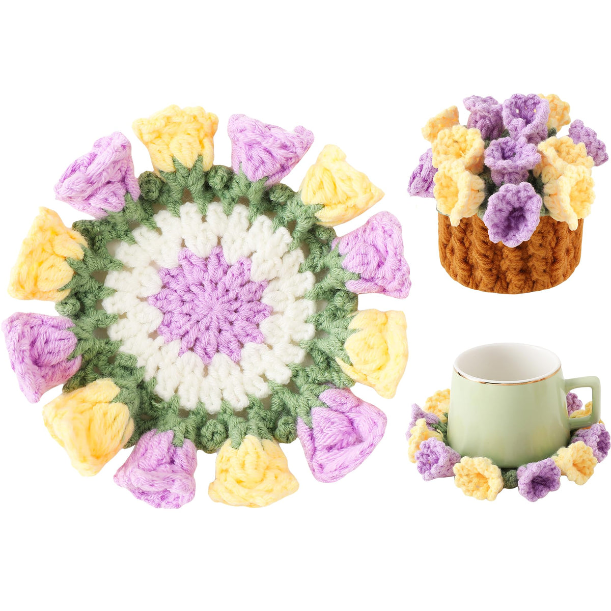 Crochet Flower Coasters, Handmade Bouquet Coasters with Crochet Plant Pot (Pink, 1Pc)
