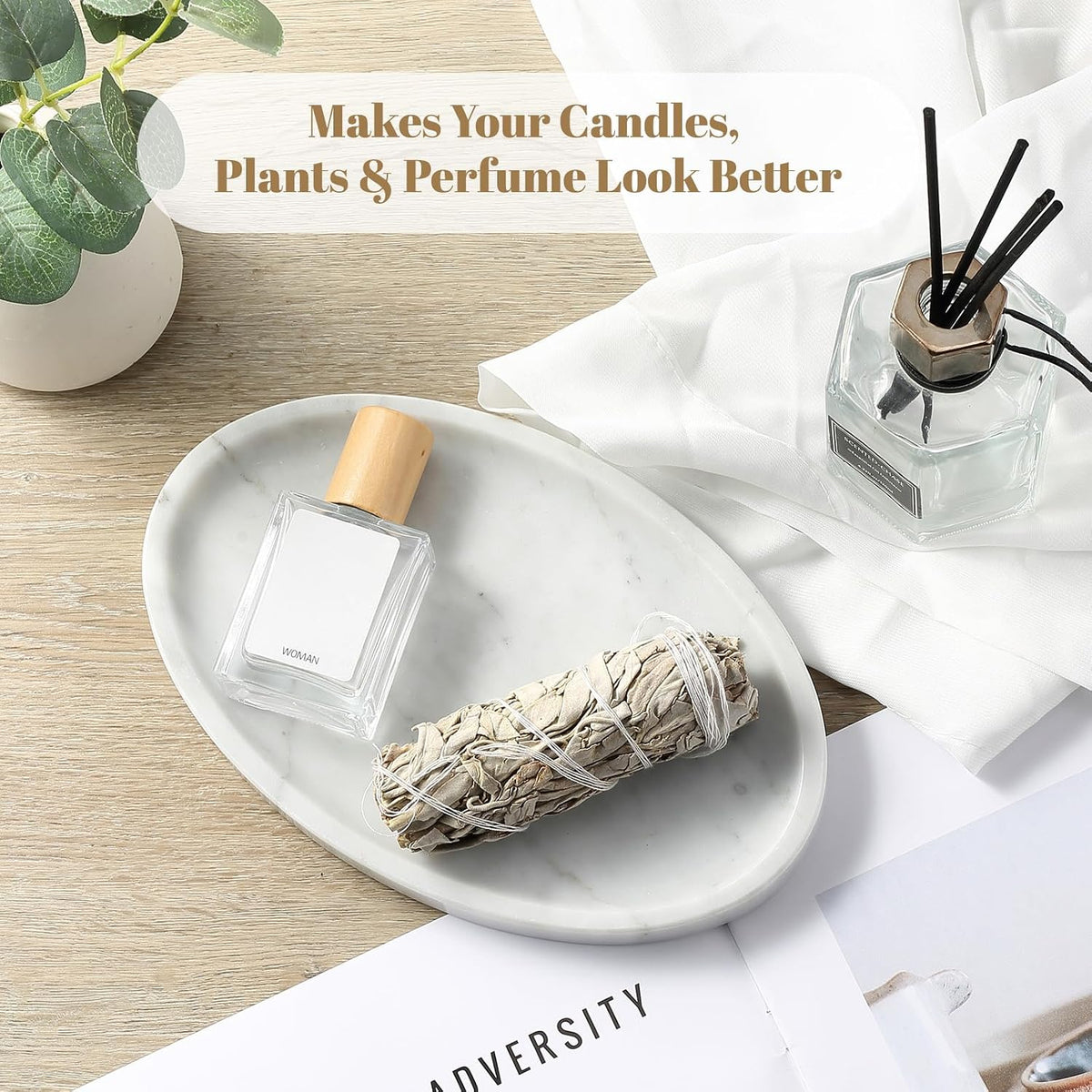 Koville Carrara Marble Tray, Oval Vanity Decorative Marble Tray for Home, Countertop Organizer, Catchall Tray for Perfume, Candles, Jewelry