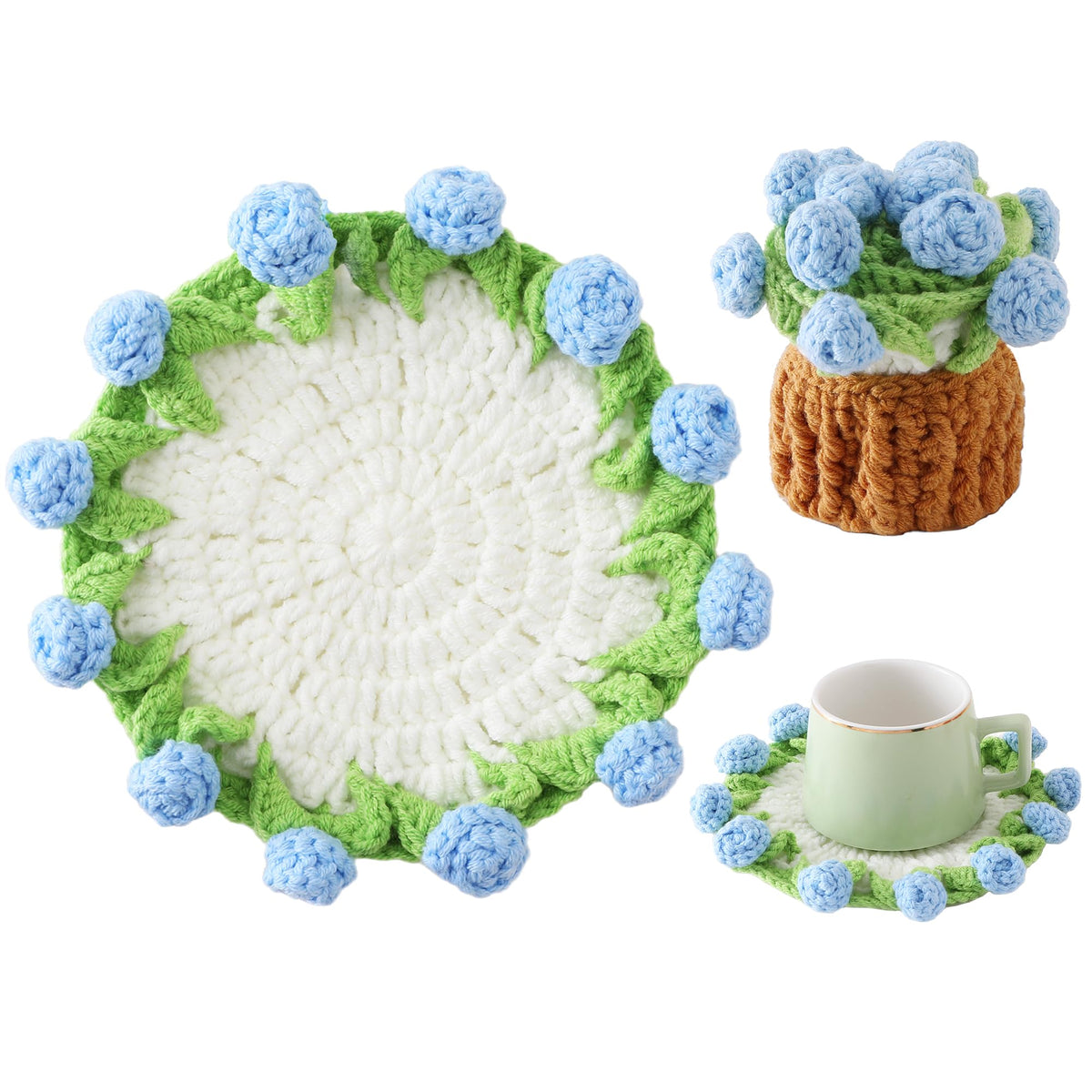 Crochet Flower Coasters, Handmade Bouquet Coasters with Crochet Plant Pot (Pink, 1Pc)
