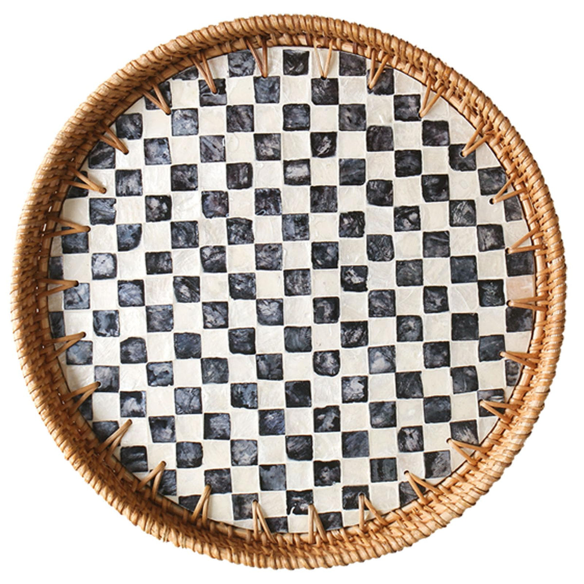 Round Rattan Tray with Mother of Pearl Inlay, Wooden Base