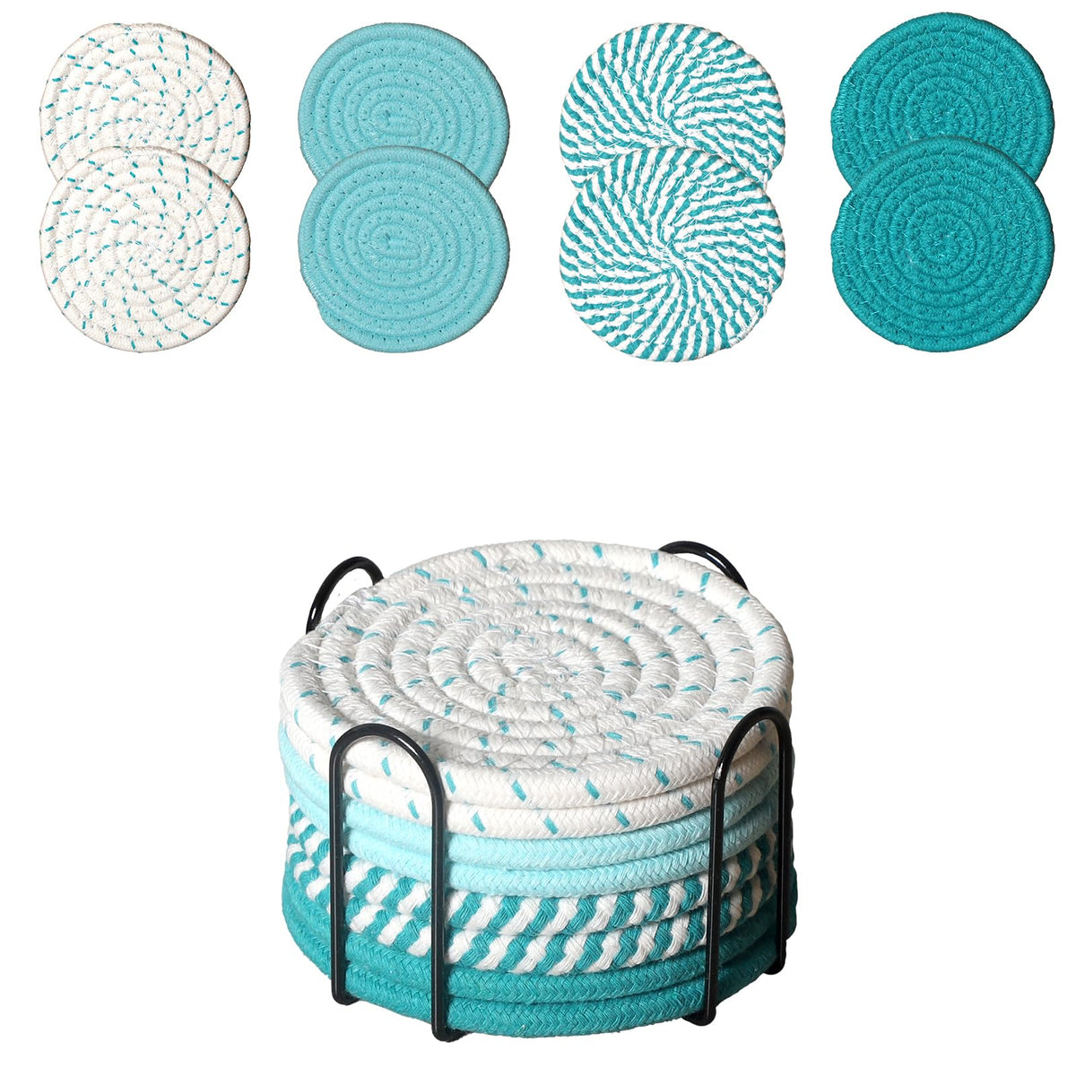 Drink Coasters Set of 8 with Holder, Cotton Woven