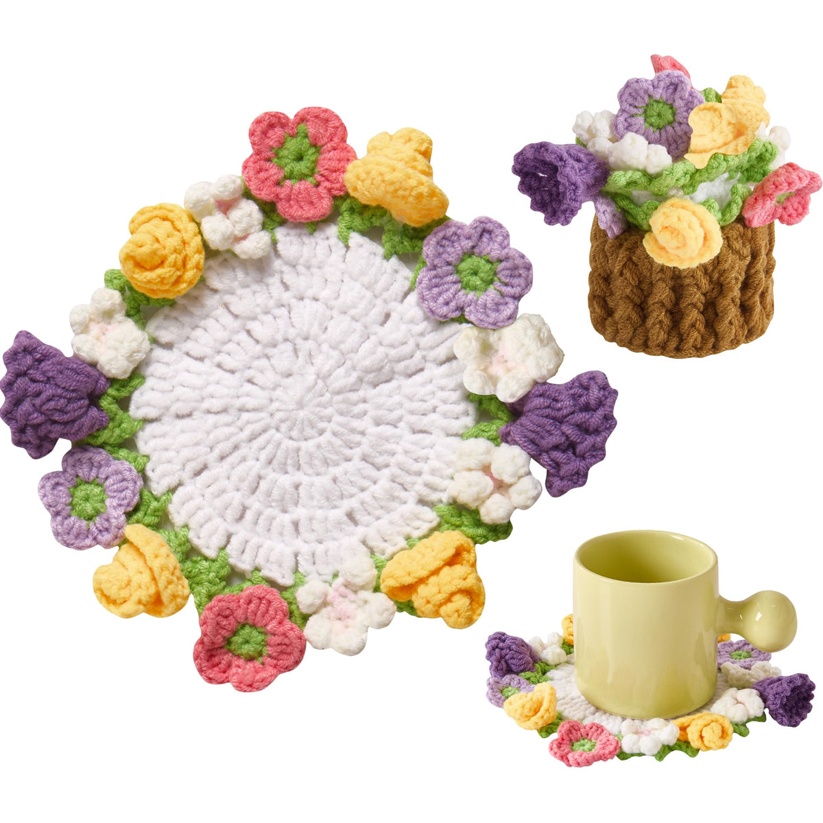 Crochet Flower Coasters, Handmade Bouquet Coasters with Crochet Plant Pot (Pink, 1Pc)