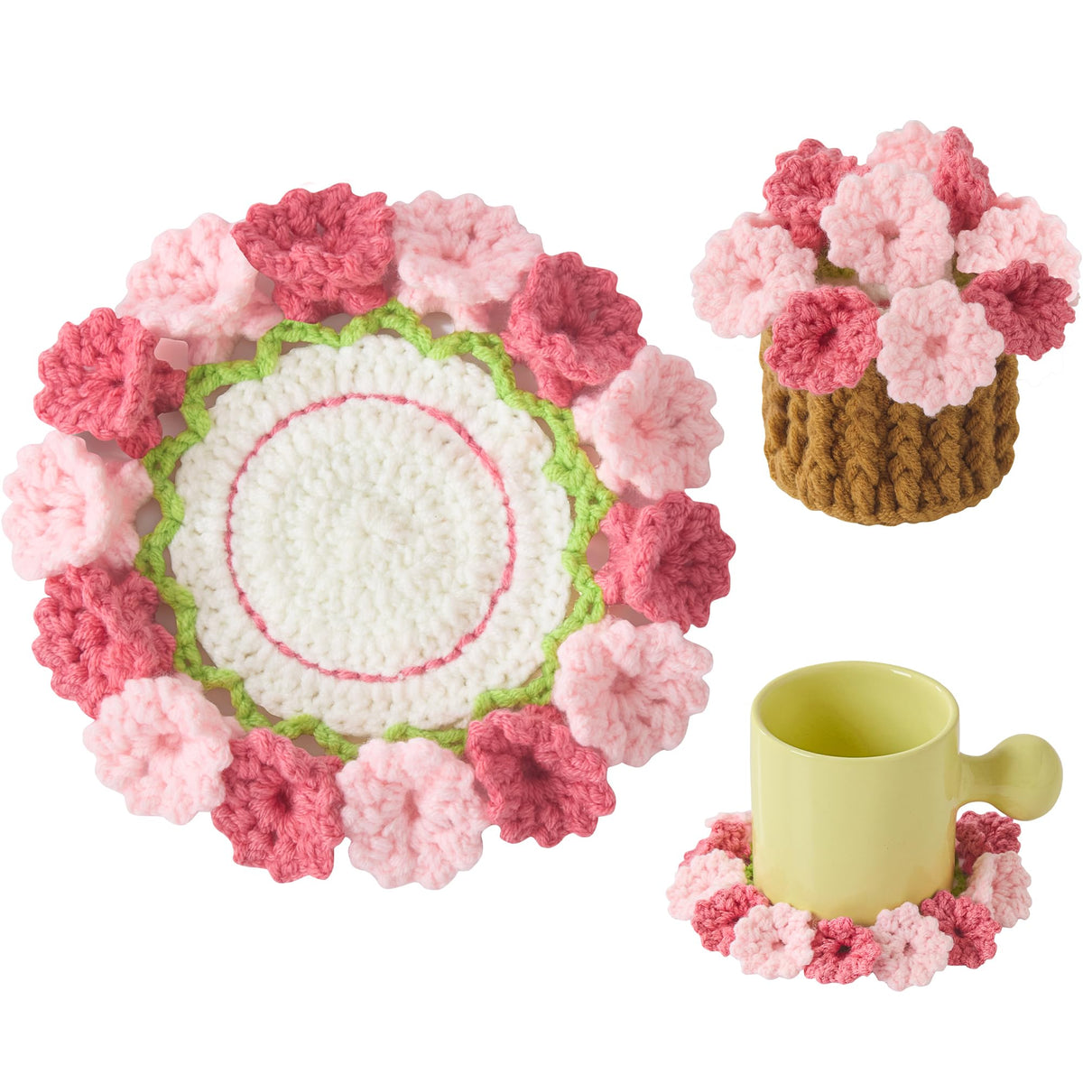 Crochet Flower Coasters, Handmade Bouquet Coasters with Crochet Plant Pot (Pink, 1Pc)