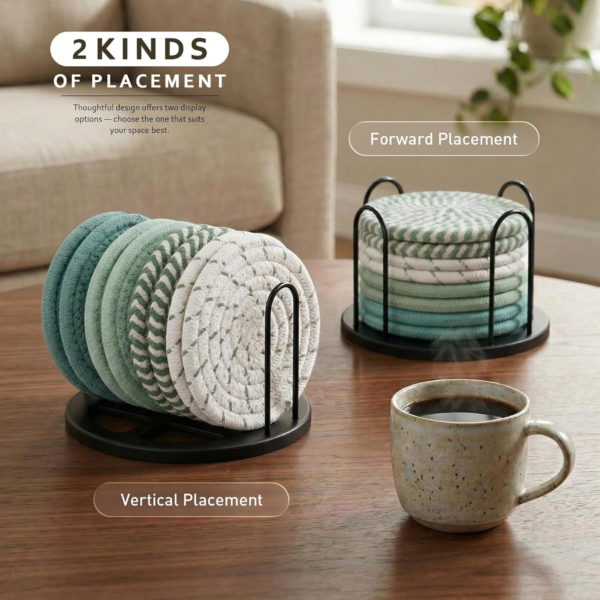 Lazebox Coasters Set of 8 for Drinks, 4 Inch Large Coasters for Coffee Table, Tabletop Protection for Hot & Cold Drinks, Versatile Coasters for Home Decor, Non-Slip & Easy to Clean, Mint Green