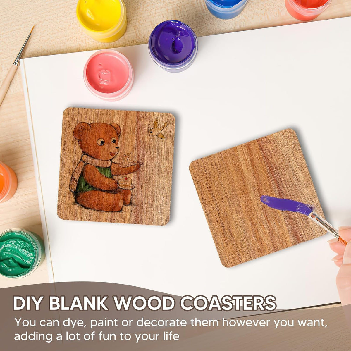 24 Pack Unfinished Acacia Wood Coasters, 4 Inch Square Blank Wooden Coasters for Laser Engraving, DIY Crafts, Painting & Drinks, with Non-Slip Pads