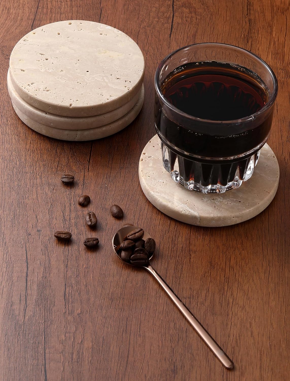 Beige Travertine Coasters Set of 4,Marble Absorbent Coasters 4 '',Ideal for Housewarming Gifts, Anniversaries, Office Decorations - Protects countertops - Sturdy and Durable, Beautiful and Generous
