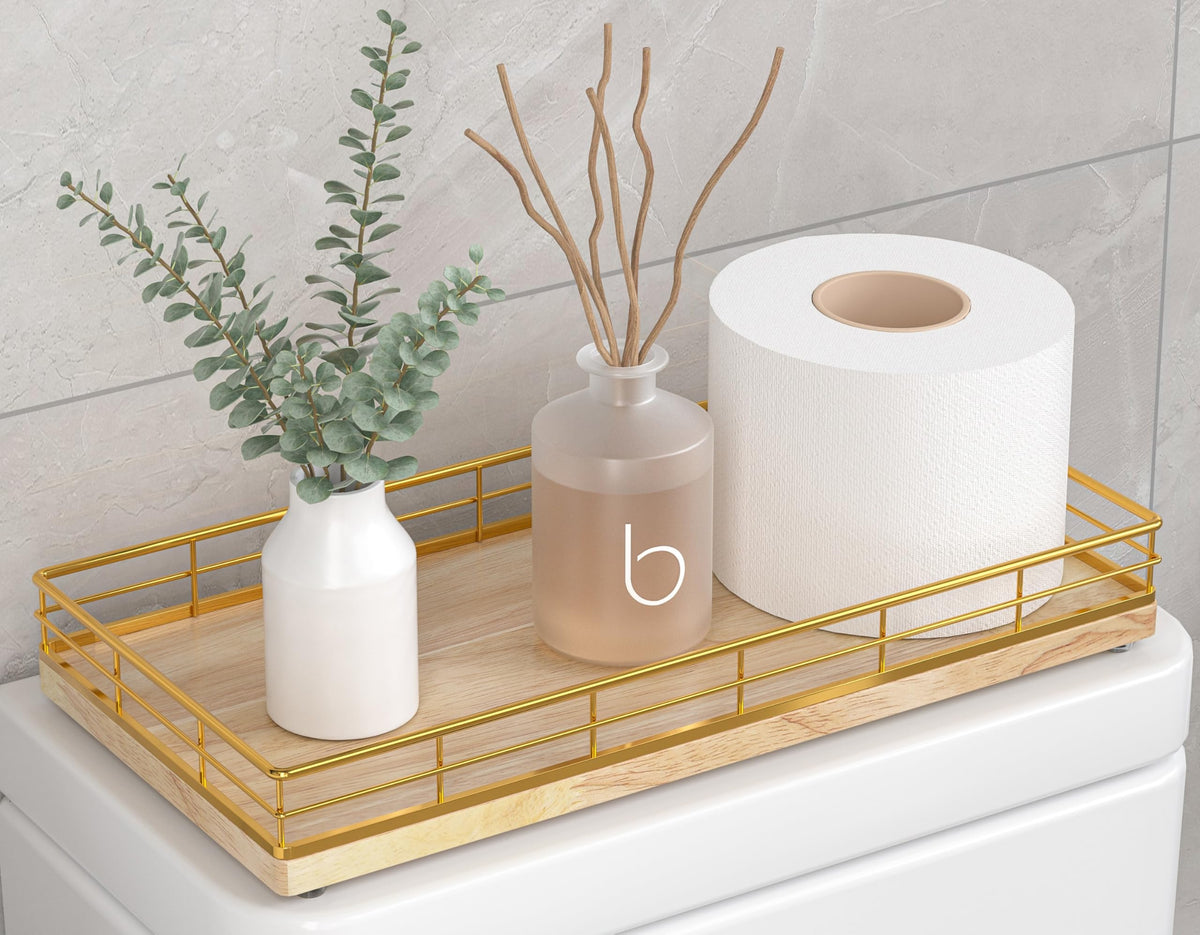 Bathroom Tray for Counter Top Organizer, Oak Wood Vanity Tray