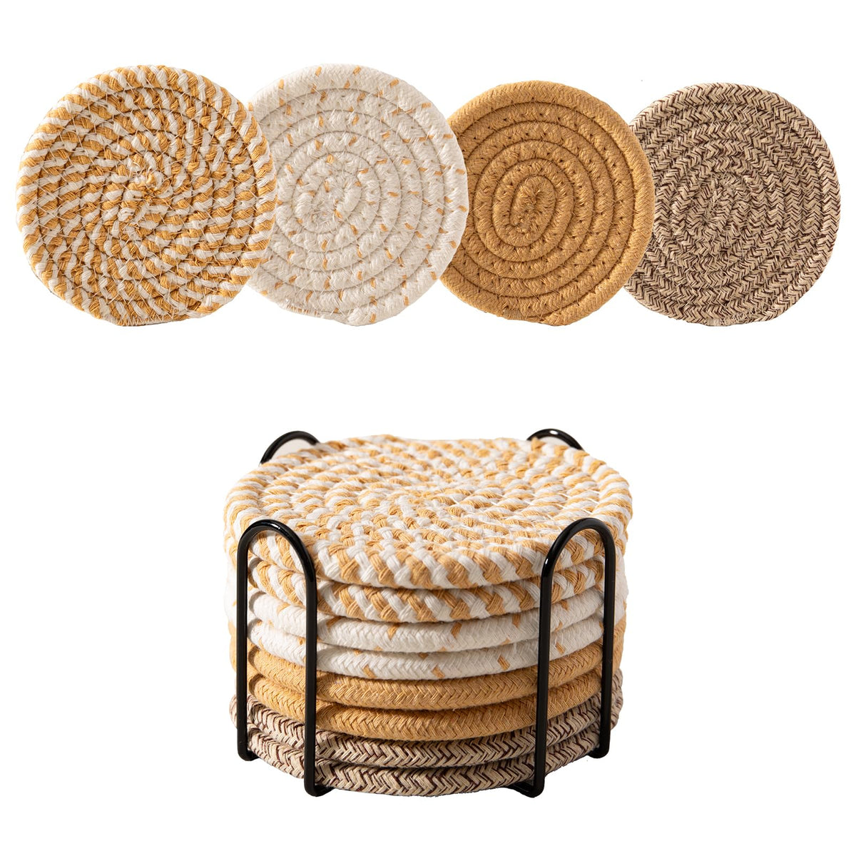 Drink Coasters Set of 8 with Holder, Cotton Woven