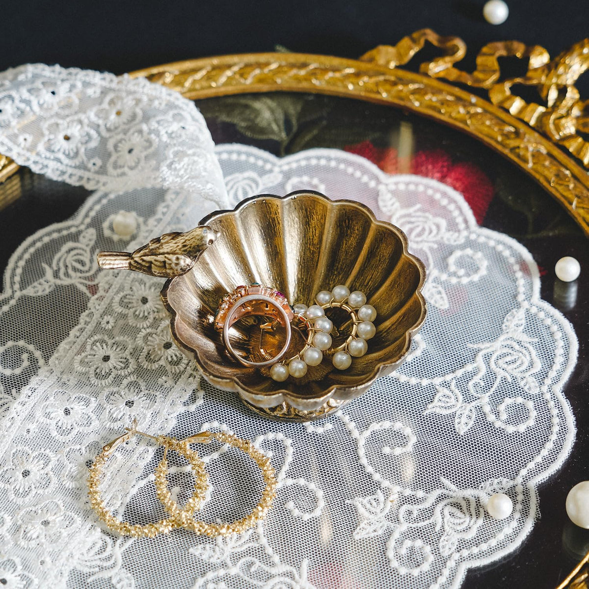 NIKKY HOME Vintage Gold Bird Jewelry Bowl, Small Metal Ring Trinket Dish