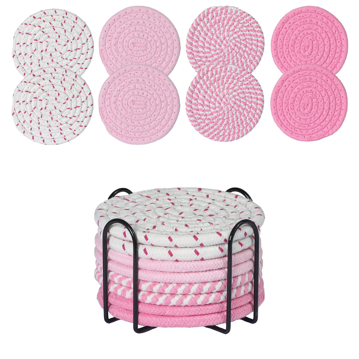 Drink Coasters Set of 8 with Holder, Cotton Woven