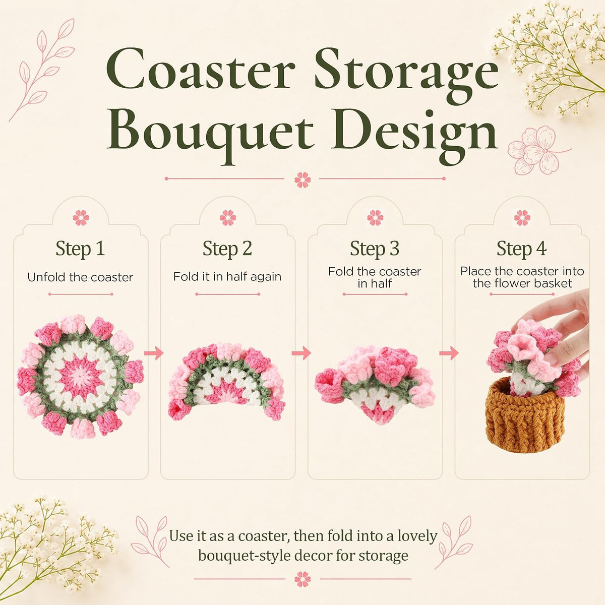 Crochet Flower Coasters, Handmade Bouquet Coasters with Crochet Plant Pot (Pink, 1Pc)