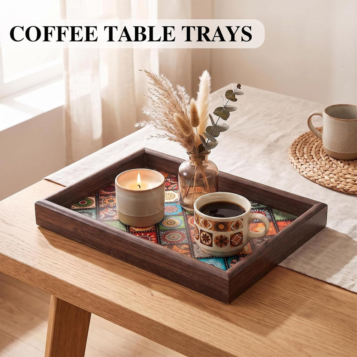 Decorative Wood Serving Tray with Boho Mandala Print, 11.8x7.87 Inch, for Coffee Table, Vanity, Nightstand, Countertophome, Centerpieces, Living Room Decor, Key Bowl, Valet Tray