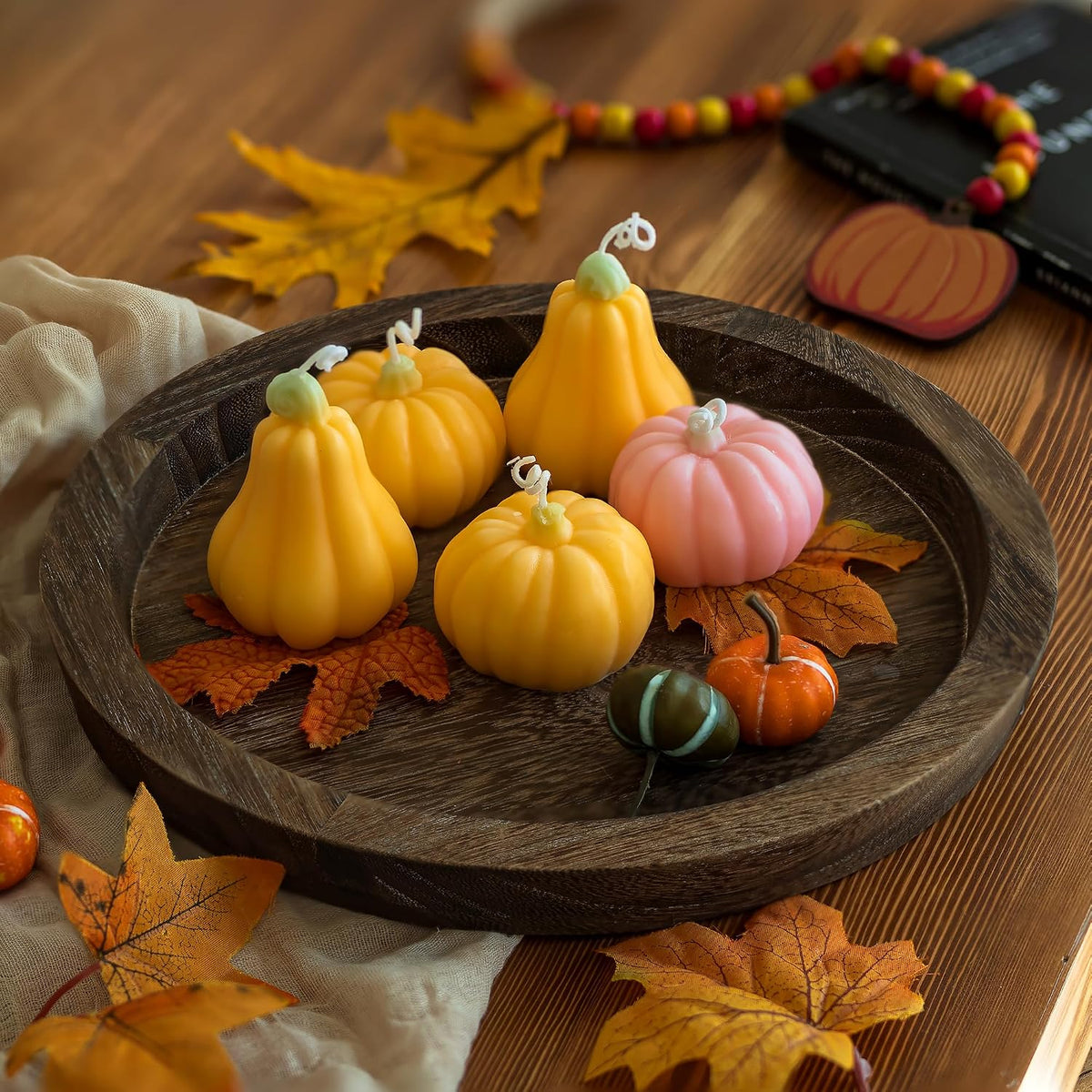 Hanobe Wooden Tray for Coffee Table, Decorative Round Candle Holder Plate
