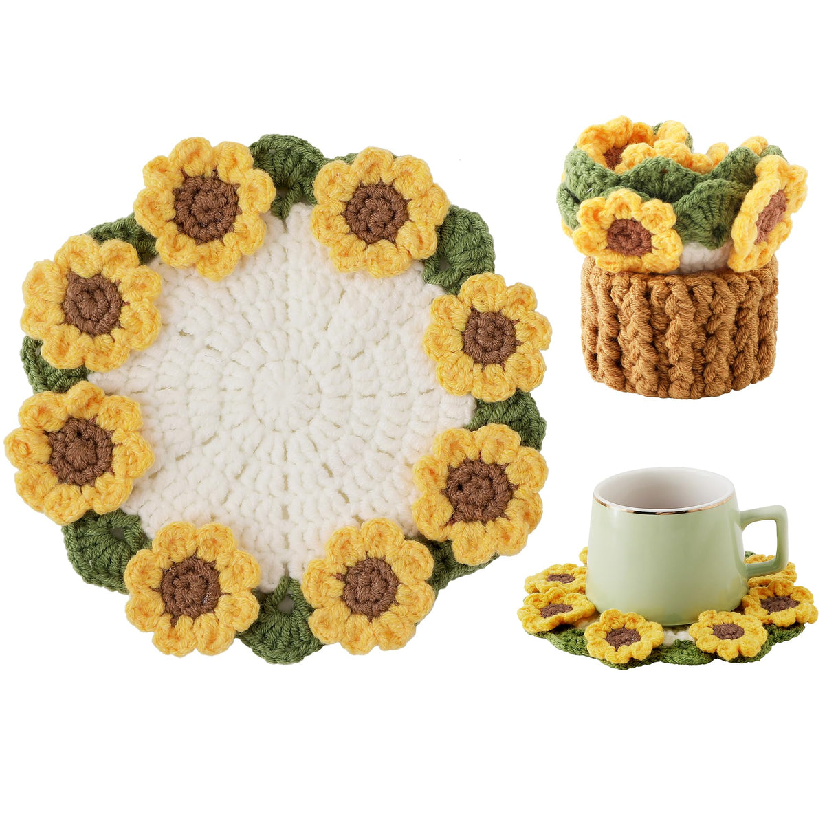 Crochet Flower Coasters, Handmade Bouquet Coasters with Crochet Plant Pot (Pink, 1Pc)