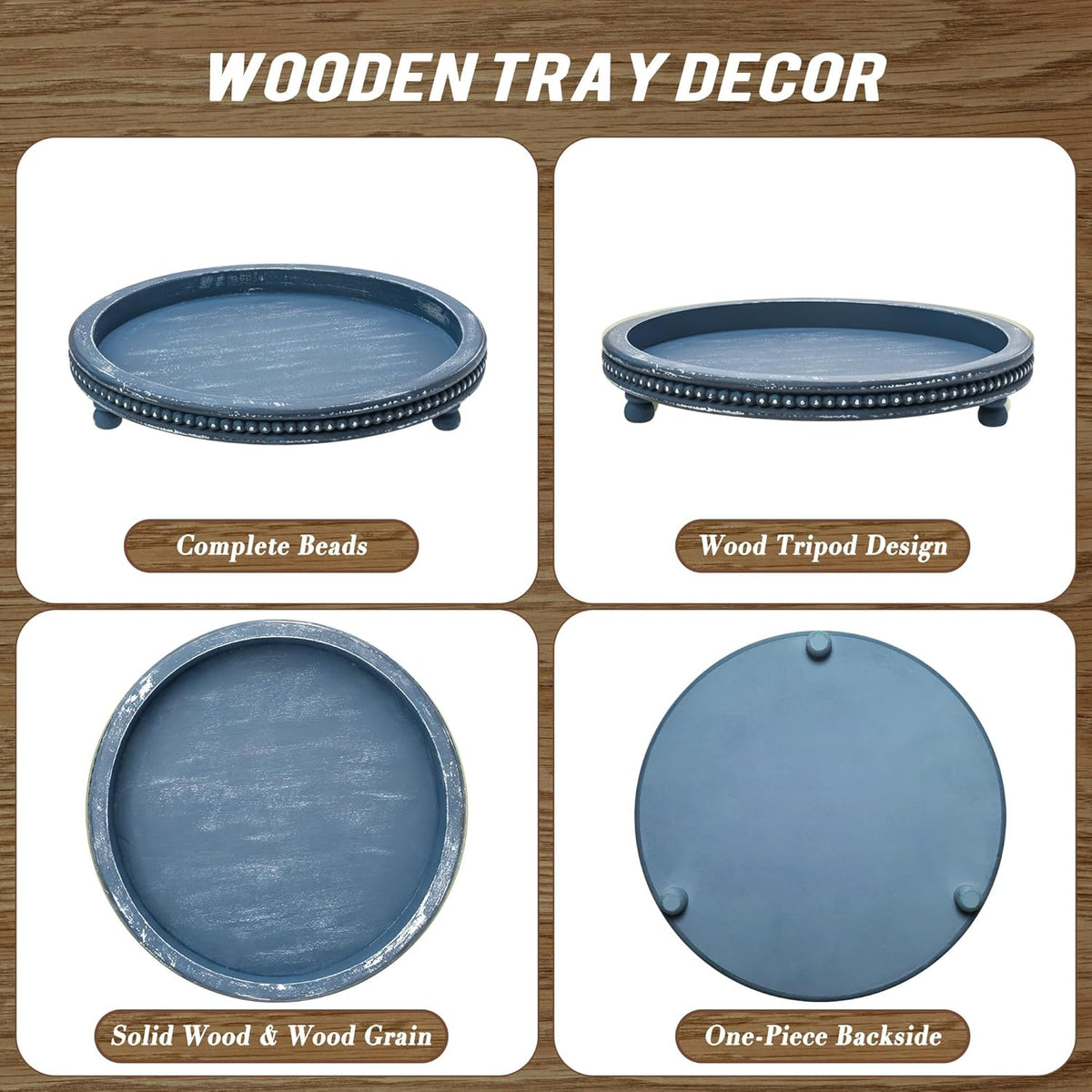 Handmade 12 Inch Decorative Tray, Small Beaded Tray Coffee Table Decor, Blue Decorative Display Risers for Coffee Table, Dining Room Entryway and Living Room