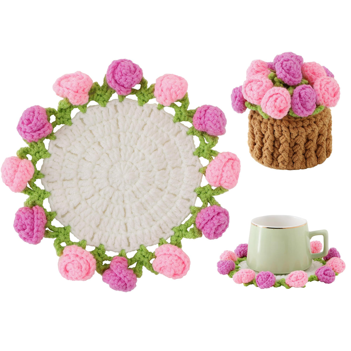 Crochet Flower Coasters, Handmade Bouquet Coasters with Crochet Plant Pot (Pink, 1Pc)