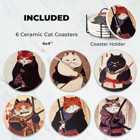 Ninja Cat Coasters Set of 6 - Cat Gifts for Men Anime Decor, Funny Coasters