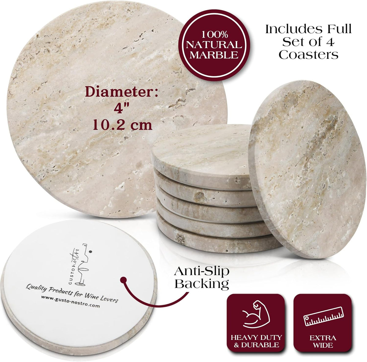 Gusto Nostro Travertine Coasters - Absorbent Stone Coasters Set of 4 - Aesthetic, Natural Stone Coaster for Drinks - Anti-Slip Round Artisanal Travertine Coaster for Kitchen Counter and Coffee Table