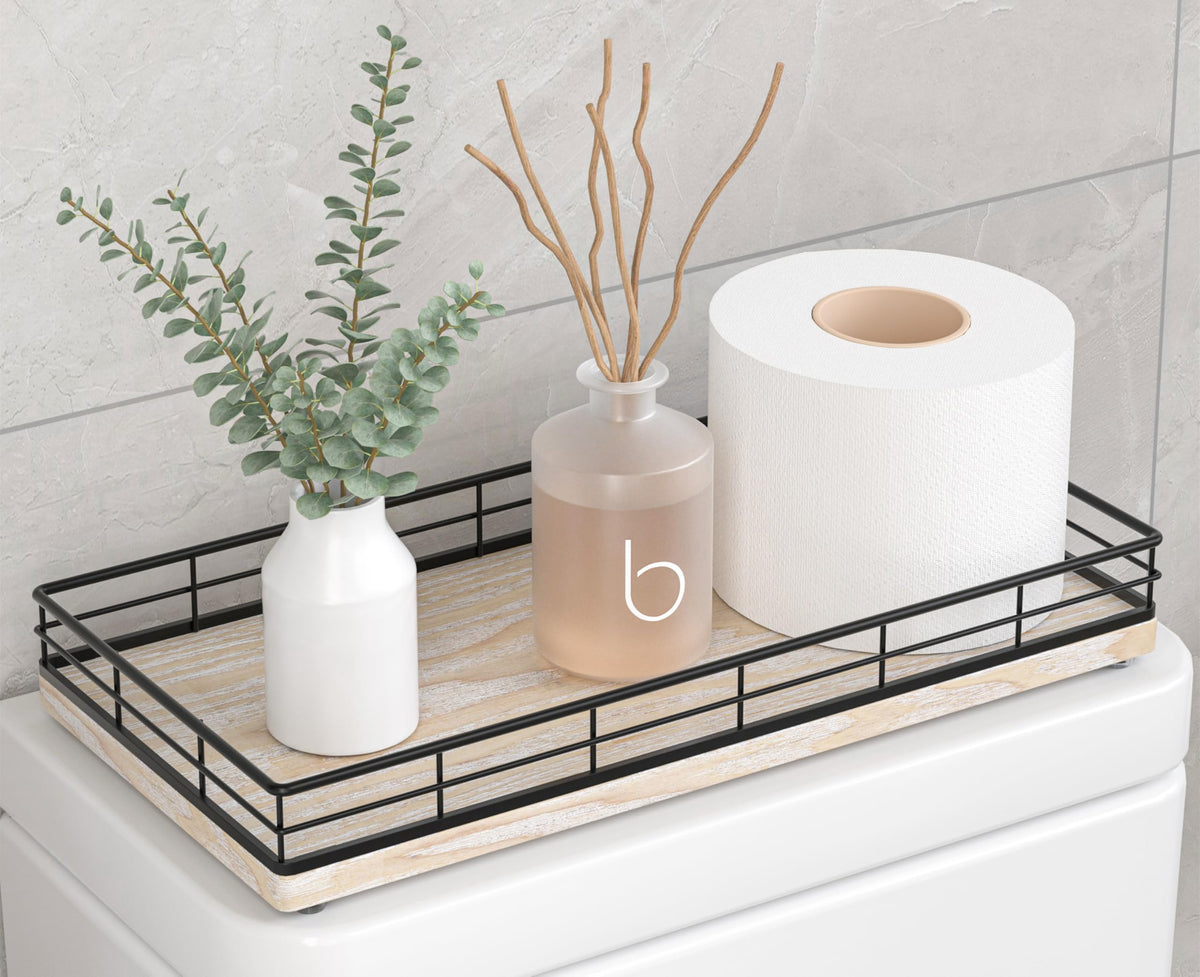 Bathroom Tray for Counter Top Organizer, Oak Wood Vanity Tray