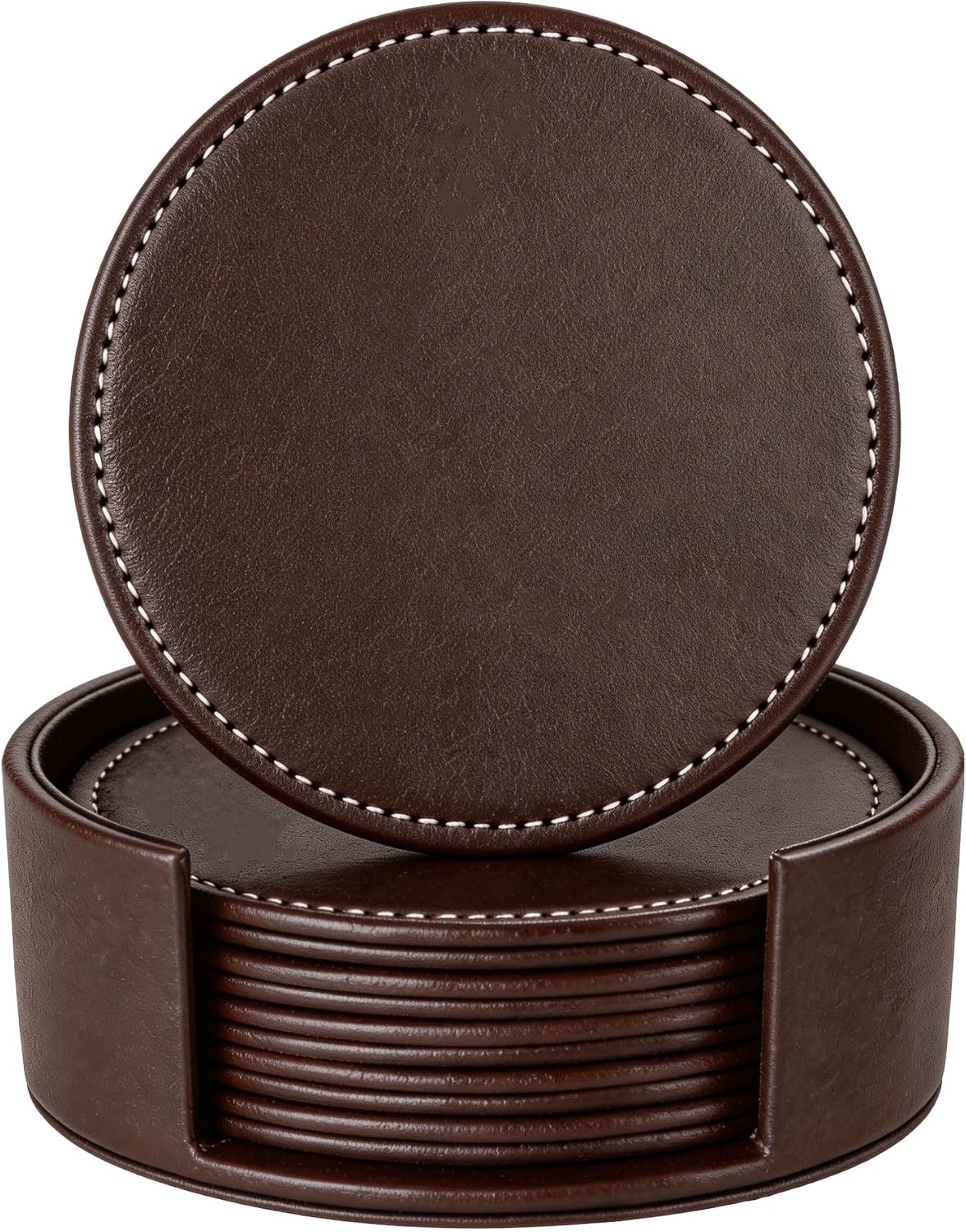 Set of 6 Round Leather Coasters for Drinks with Holder, 4" (Brown)
