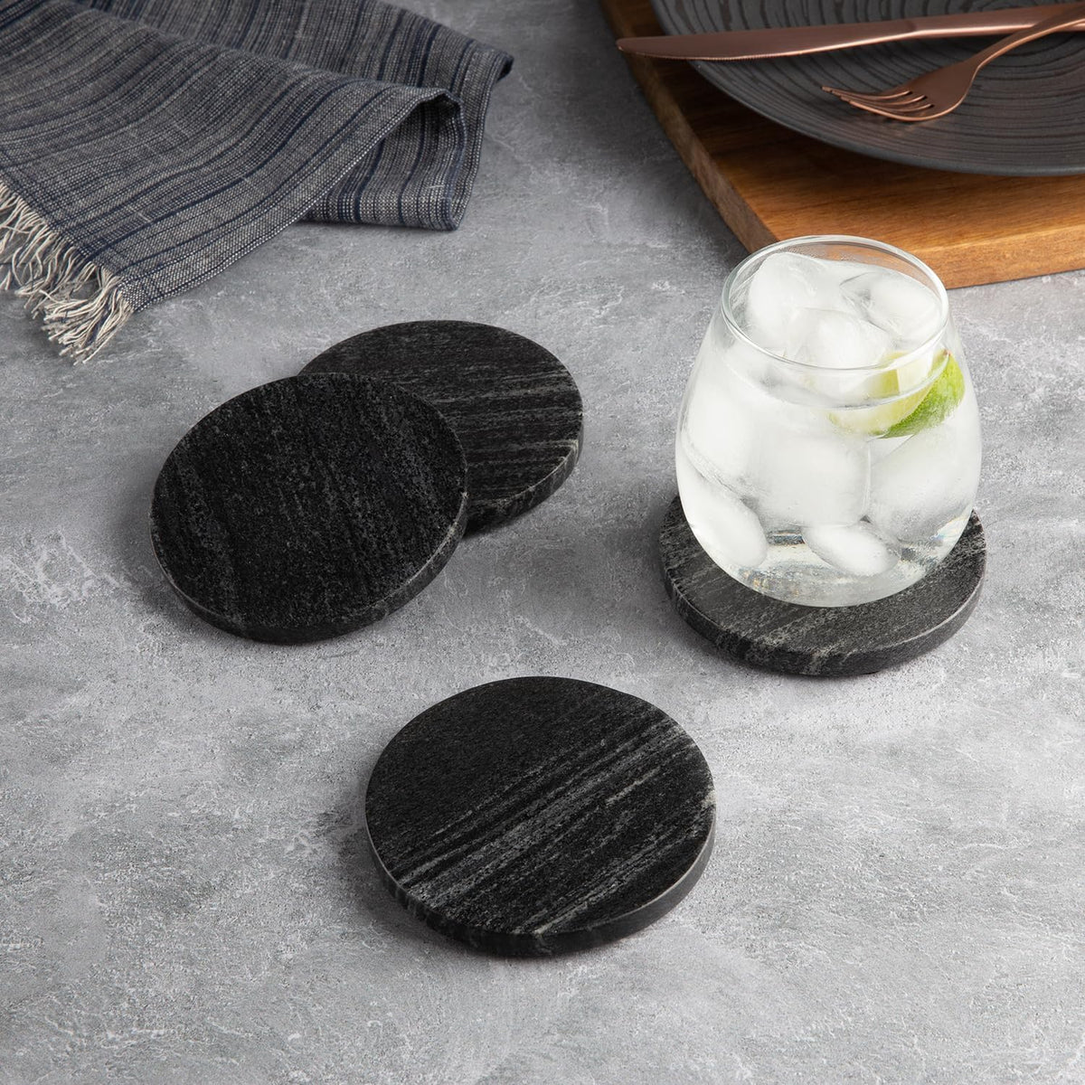 Thirstystone Natural Black Marble Round Coasters, 4 Pack