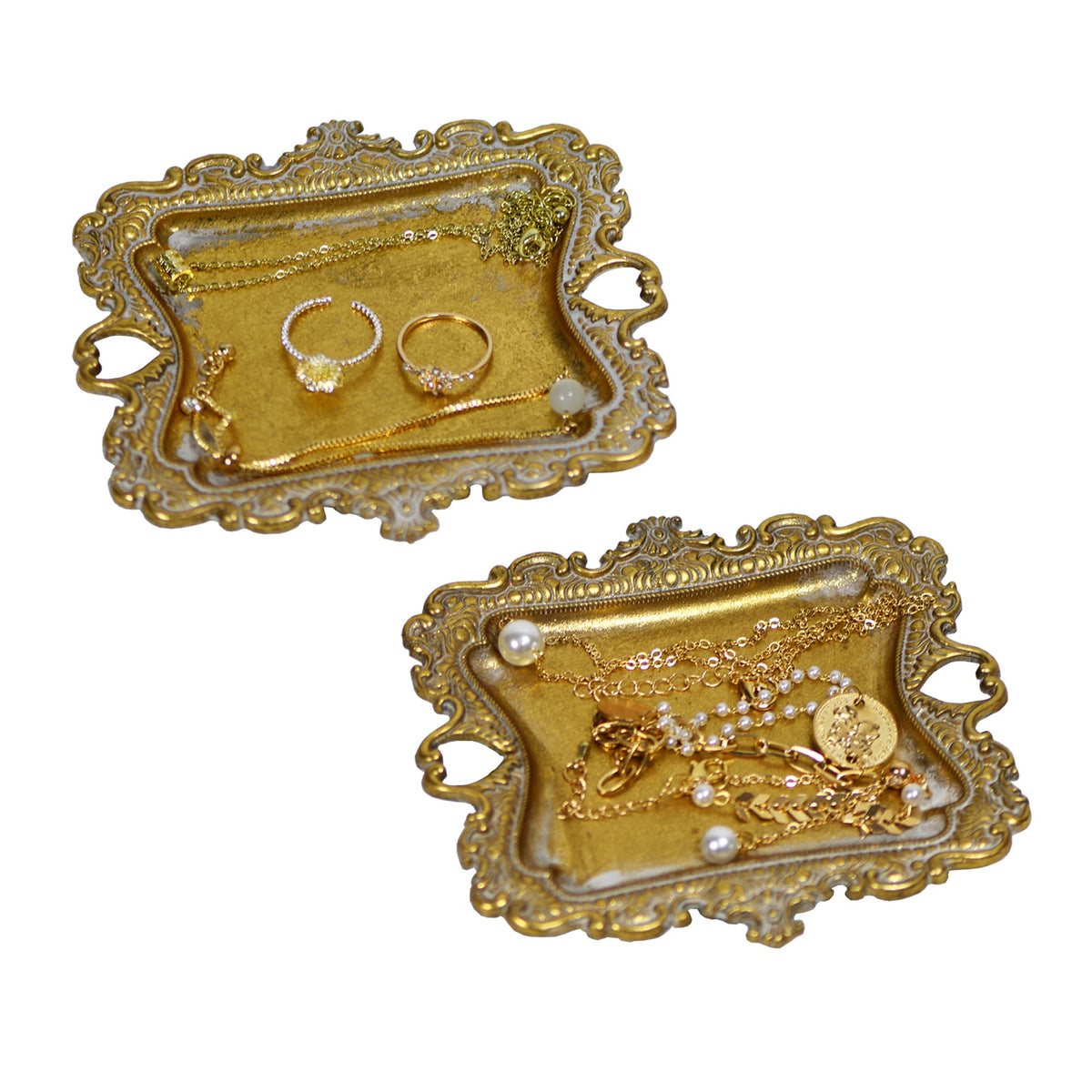 Funly mee Small Antique Trinket Dish Vintage Gold Metal Jewelry Tray, Ring Holder-5.3 x 3.5 x 1.2 inches