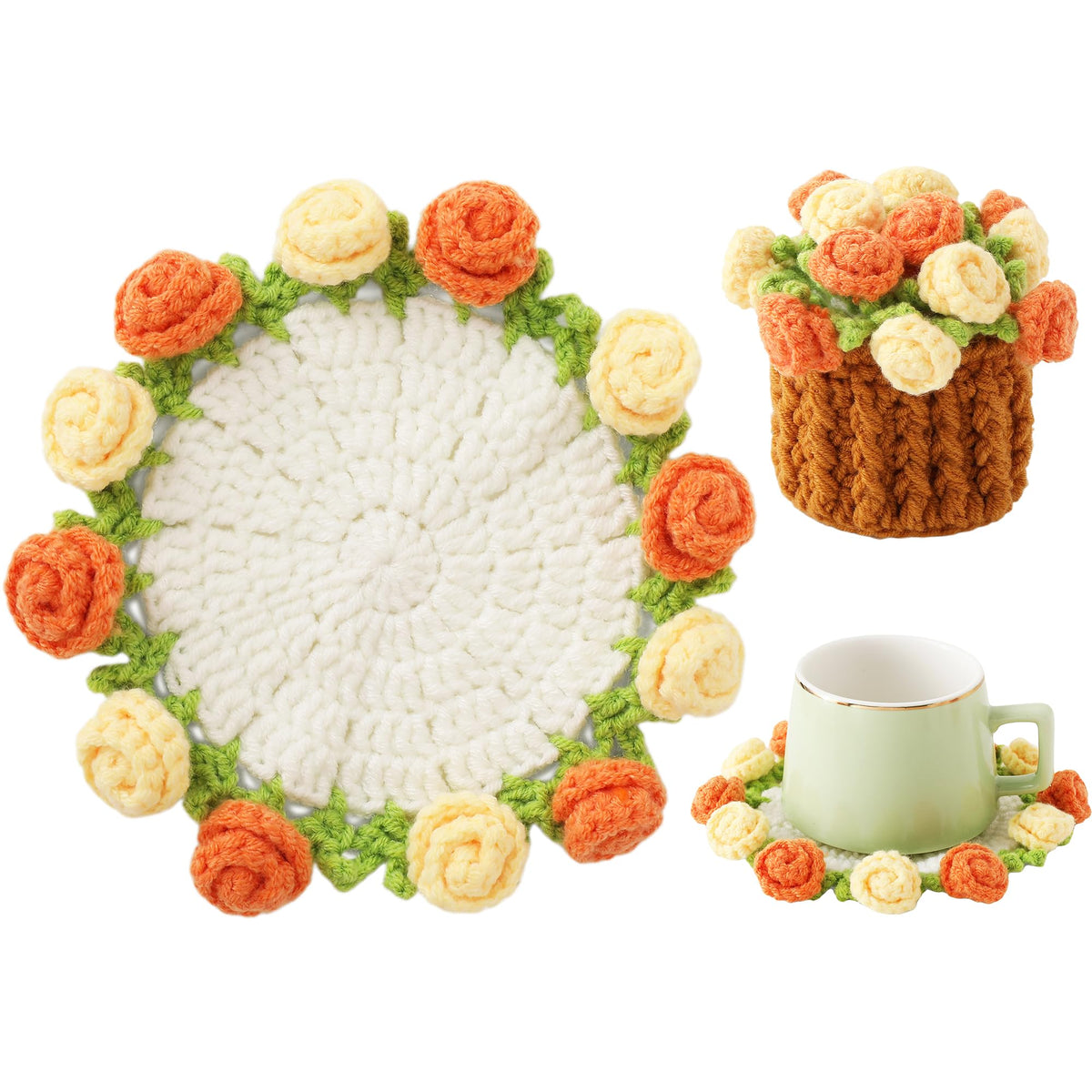 Crochet Flower Coasters, Handmade Bouquet Coasters with Crochet Plant Pot (Pink, 1Pc)