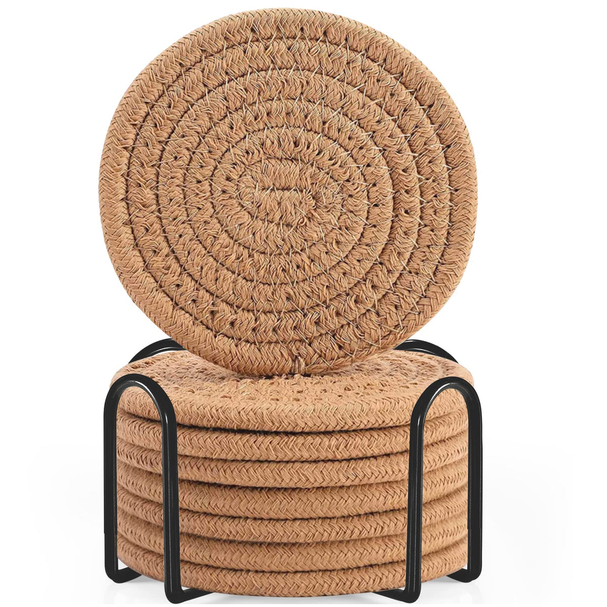 ABenkle 8 Pcs Drink Coasters with Holder, Cotton Woven Absorbent Coasters for Drinks, Minimalist Home Decor Coaster Set for Wooden Tabletop Protection Table, 4.3 inches Mixed Brown