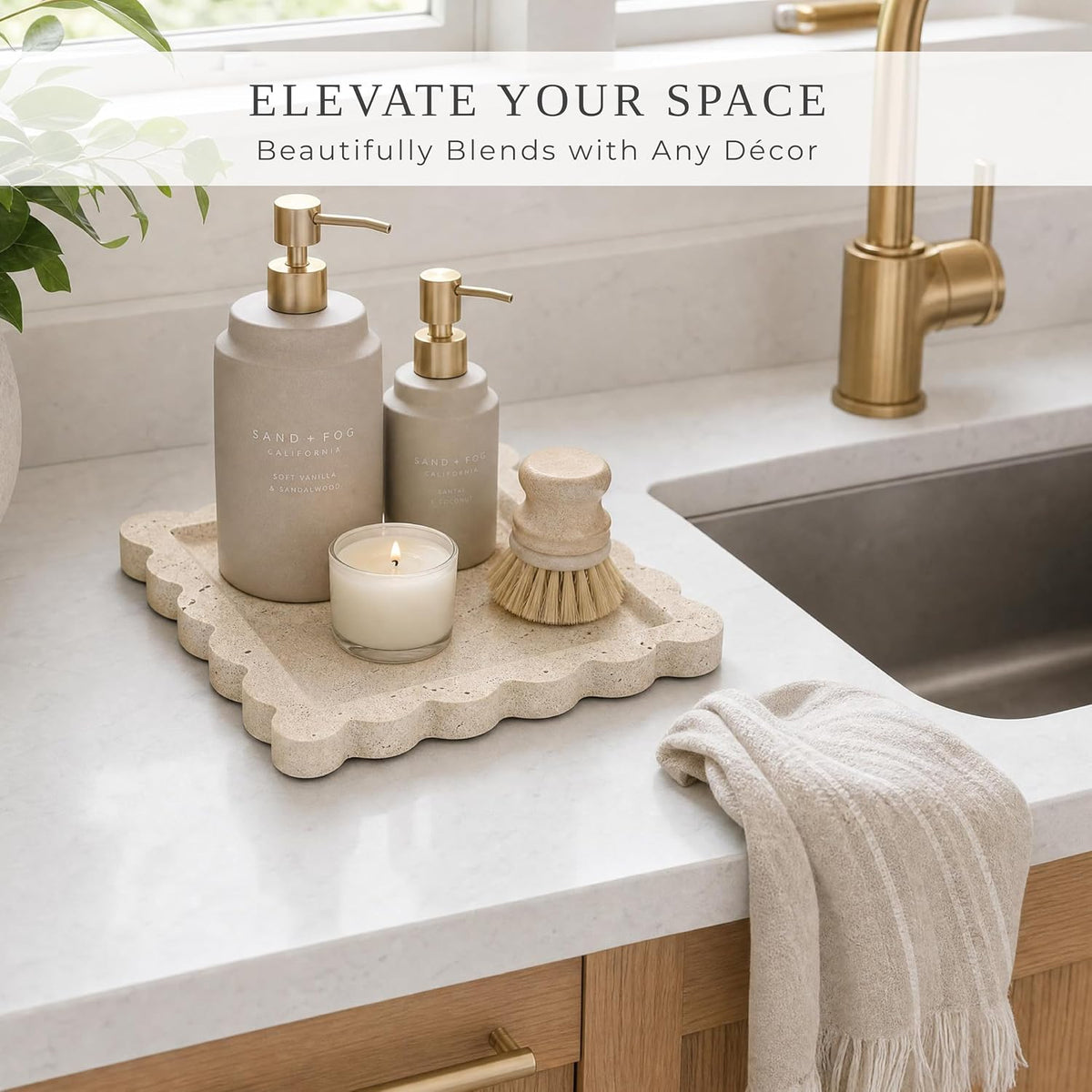 Decorative Scalloped Tray - Travertine Stone Inspired Jewelry Tray