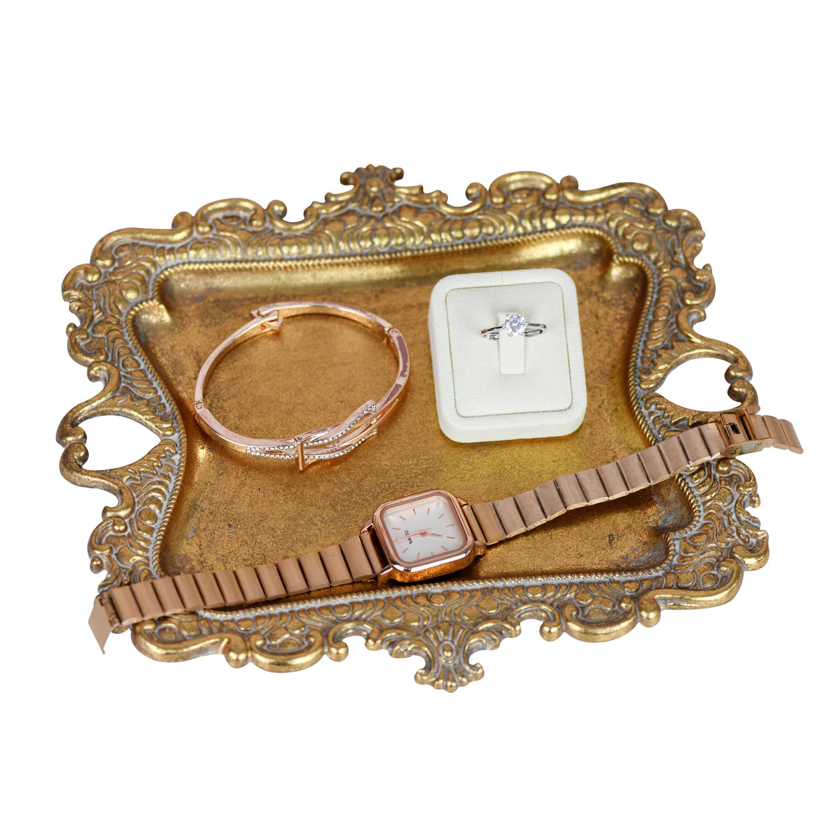 Funly mee Small Antique Trinket Dish Vintage Gold Metal Jewelry Tray, Ring Holder-5.3 x 3.5 x 1.2 inches