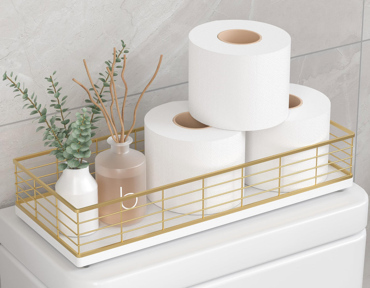 Bathroom Tray for Counter Top Organizer, Oak Wood Vanity Tray