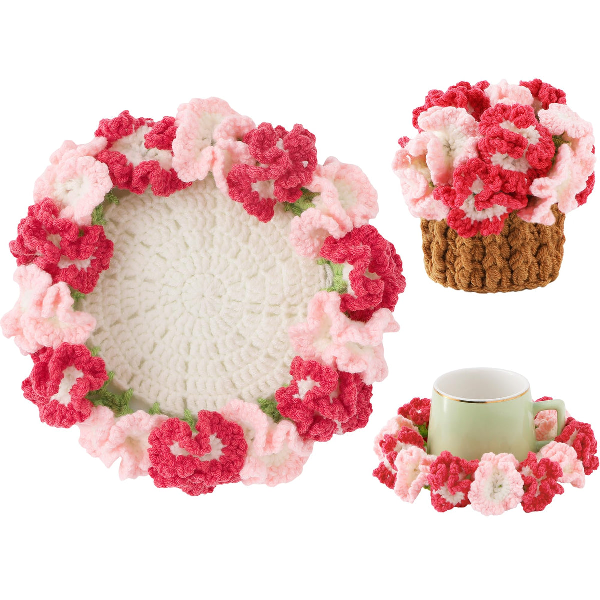 Crochet Flower Coasters, Handmade Bouquet Coasters with Crochet Plant Pot (Pink, 1Pc)