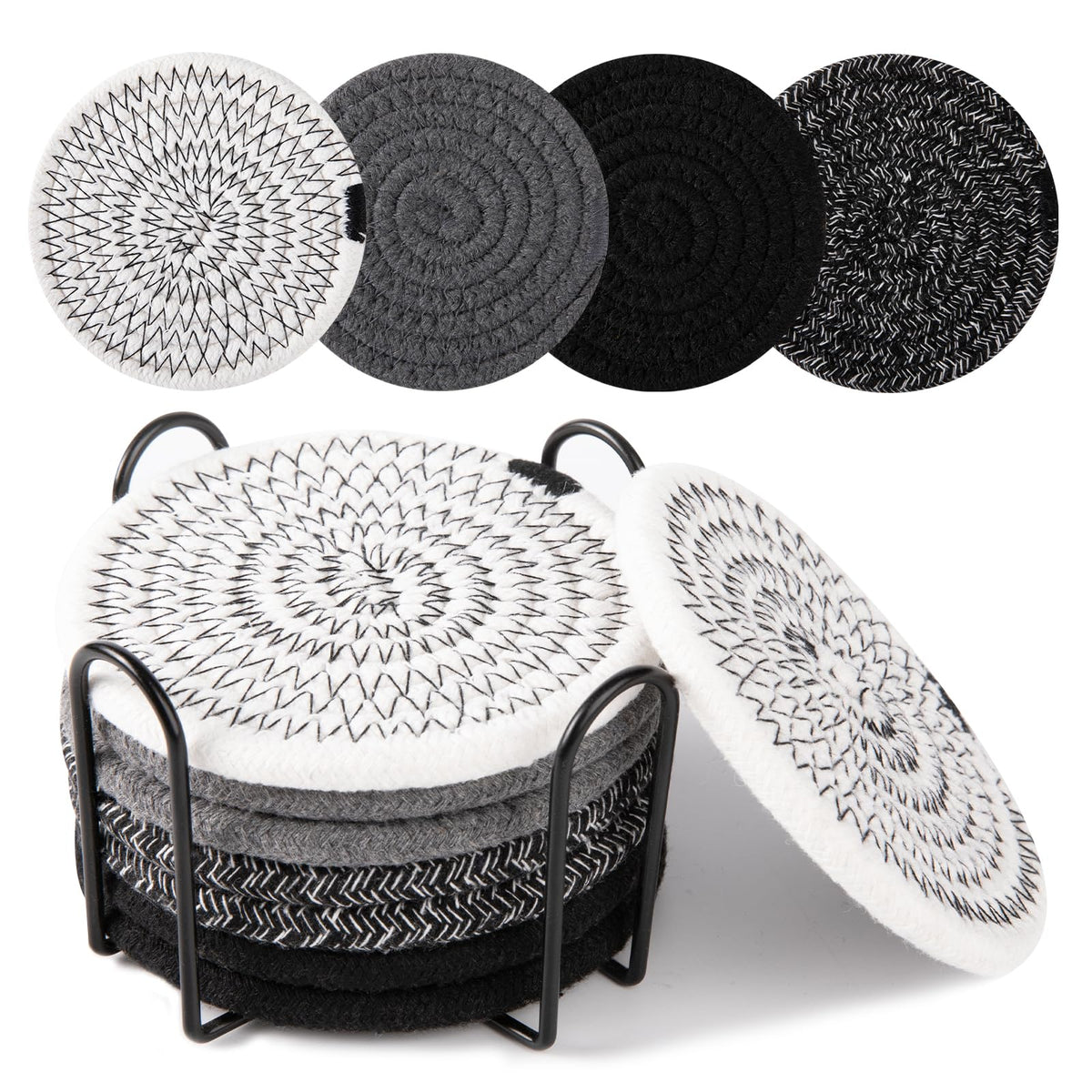 OIAHOMY 8 Pcs Coasters with Holder for Beer, Coffee, Woven Cotton Coaster Set for Table Decor for Kitchen, Bar, Dining Room, Living Room, Housewarming Gifts - Yellow