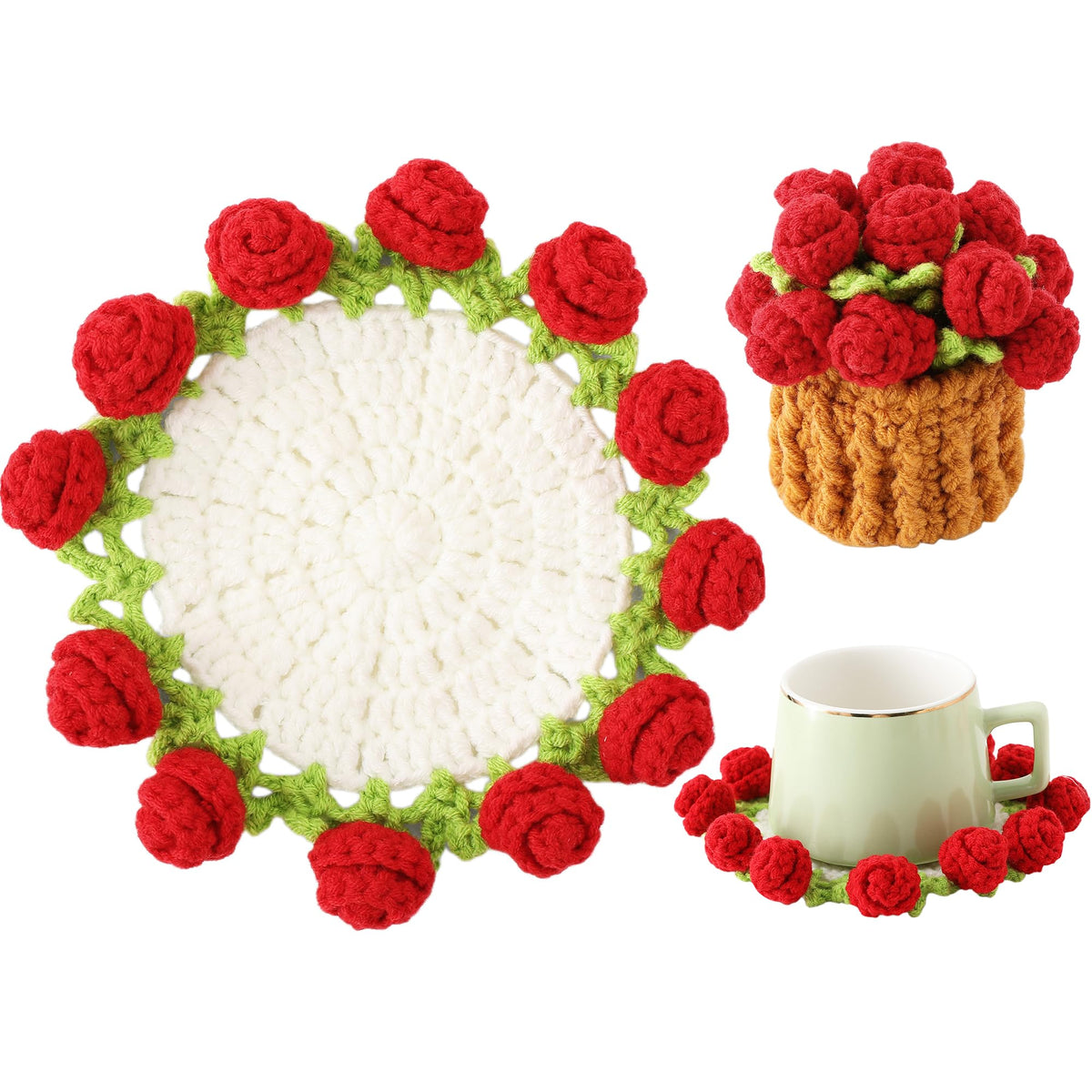 Crochet Flower Coasters, Handmade Bouquet Coasters with Crochet Plant Pot (Pink, 1Pc)