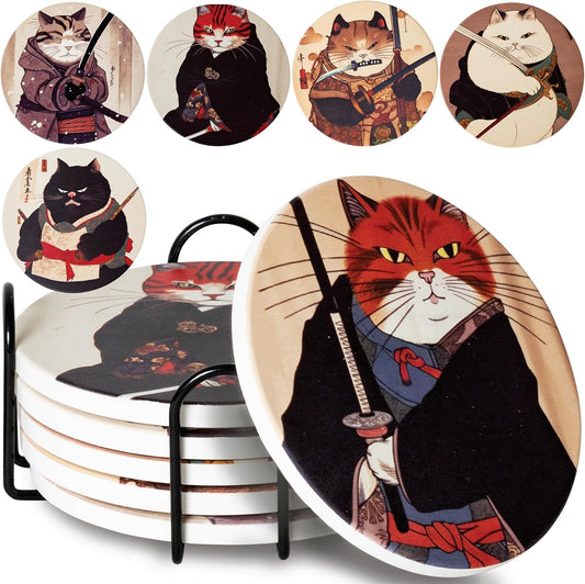 Ninja Cat Coasters Set of 6 - Cat Gifts for Men Anime Decor, Funny Coasters